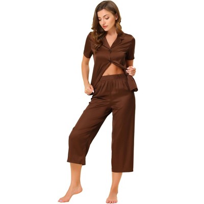 cheibear Women's Soft Satin Button Down with Capri Pants Lounge Pajama Set