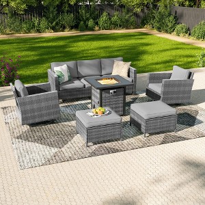 Sonkuki 6-Piece Patio Sofa with Square Fire Pit Table and Swivel Rocking Chairs, Conversation Couch with Cushion - 1 of 4
