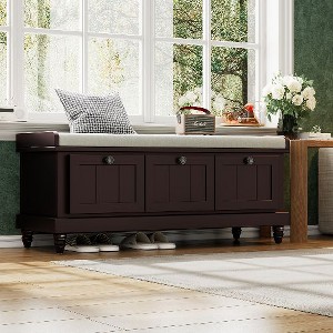 PAGED Vintage Style Storage Bench with Cushioned Seat, Classic Shoe Bench with 3 Drawers, Fluted Entryway Bench, Ottoman with Storage for Living Room - 1 of 4