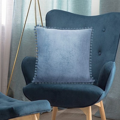 Dusty Blue Velvet Euro Pillow Covers with Pom Pom Fringe, 18x18 Set