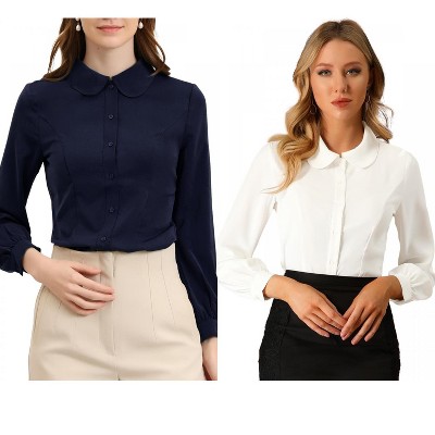 Allegra K Women's Work Peter Pan Collar Long Bishop Sleeve Button Down Shirt 2 Packs
