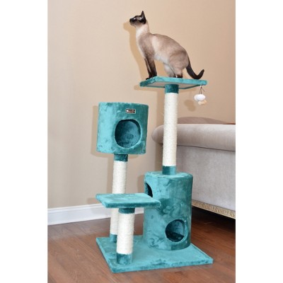 Dark Green Faux Fur and Sisal Cat Tree with Playhouses