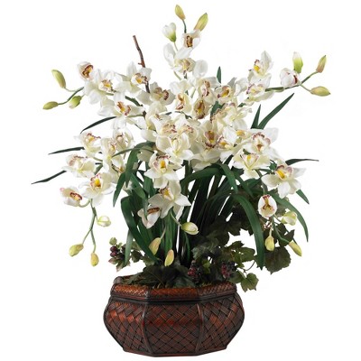 Burgundy Cymbidium Orchid with Lights in Woven Planter