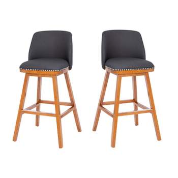 Merrick Lane Set of 2 Charcoal Faux Linen Upholstered 30" Bar Stools with Nail Head Accent Trim and Walnut Wood Frames