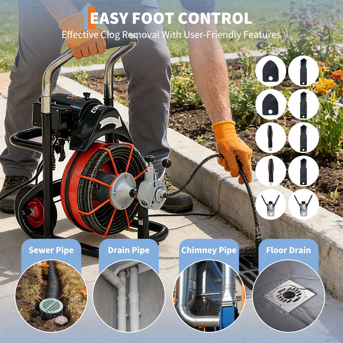 100FT x 1/2 Inch Electric Drain Cleaning Machine, 450W Auto Feed Sewer Snake with 10 Cutters and Foot Switch, Carbon Steel, Ships in 2 Boxes - thumbnail 4