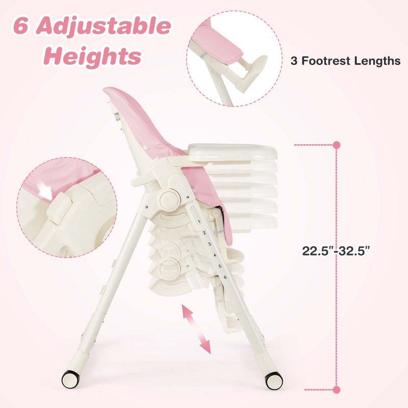 Babyjoy 4-in-1 Foldable Baby High Chair Height Adjustable Feeding Chair with Wheels Grey/Beige/Pink, 4 of 9