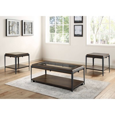 Espresso Rectangular Wood and Glass Cocktail Table with Iron Frame