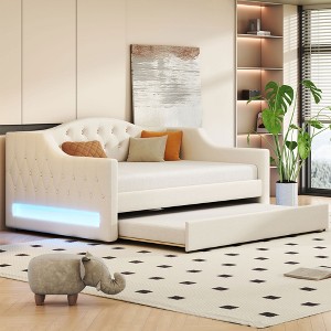 Twin XL/Full XL Upholstered Daybed with LED Light Strip and 2 Storage Drawers/Trundle, Modern Linen Bed Frame, Beige/Gray - ModernLuxe - 1 of 4