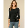 INSPIRE CHIC Women's V Neck 3/4 Sleeves Solid Knitted Buttons Decor Ruched Blouse - 3 of 4
