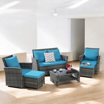 Mshliw 6-Piece Wicker Patio Furniture Set with Ottoman & Tempered Glass Coffee Table – Rattan & Cushions for Outdoor Garden, Patio, or Balcony