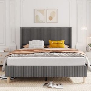 Bed Frame, Corduroy Upholstered Queen Bed Frame with Wingback Headboard, No Box Spring Needed, Solid Wooden Slats, Noise Free - 1 of 4