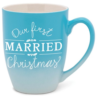 Elanze Designs Our First Married Christmas Two Toned Ombre Matte Teal and White 12 ounce Ceramic Stoneware Coffee Cup Mug