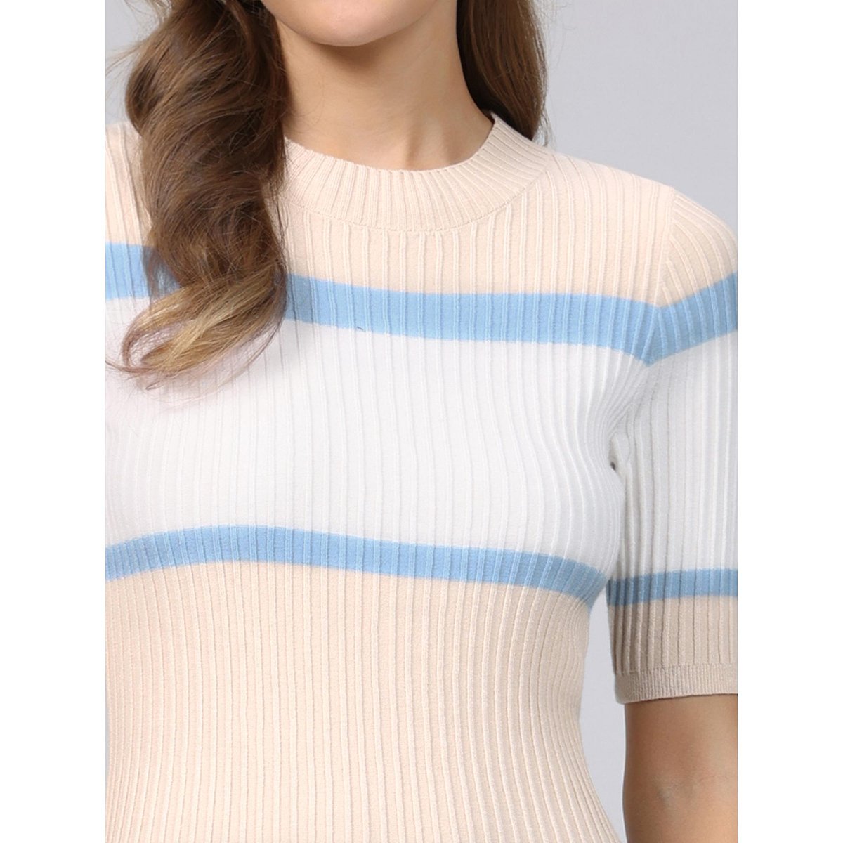 Женские платья INSPIRE CHIC Women's Striped Ribbed Short Sleeve Midi Basic Knitted Dresses Light Blue Small — фото 4