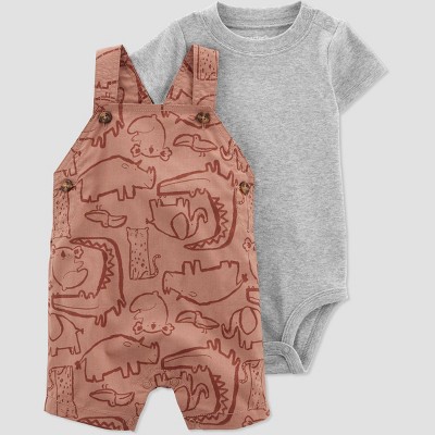 Image of Carter's Just One You®️ Baby Boys' Safari Shortalls Top and Bottom Set - Orange/Gray 3M