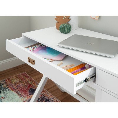 48" White Campaign Style Desk with Gold Hardware and Storage
