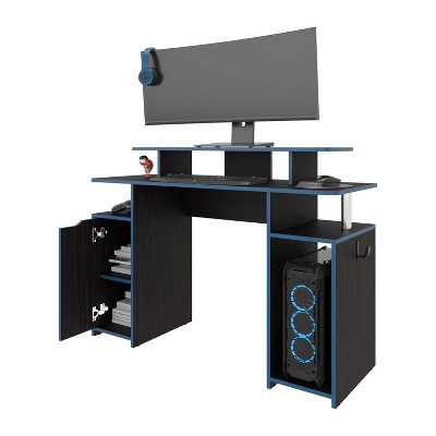 Vynxaria Minimalist Gaming Desk with Elevated Monitor Shelf, Side Storage & Headphone Hook for Work & Gaming
