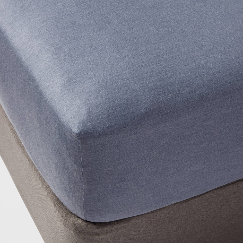 Photos - Bed Linen Queen Cotton Blend Sateen Fitted Sheet Navy - Room Essentials™