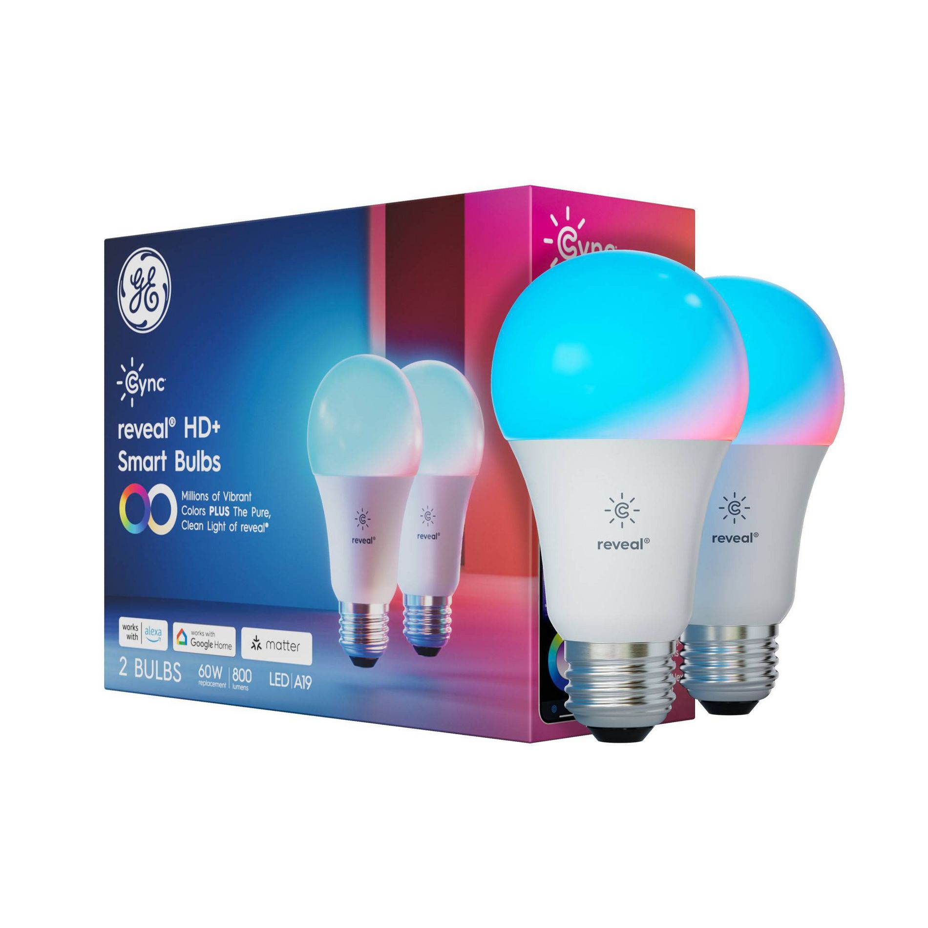 GE 2pk CYNC Reveal Smart A21 LED Light Bulbs Full Color