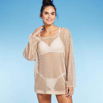 Women's Long Sleeve Crochet Cover Up Sweater - Shade & Shore™ Light Brown
