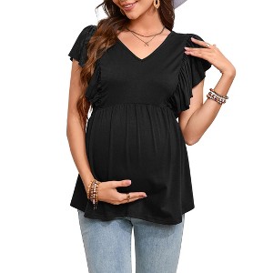 Womens Maternity Tops Shirts Ruffle Short Sleeve V Neck T Shirts Summer Casual High Waist Tops Pregnancy Tunic Blouse - 1 of 4