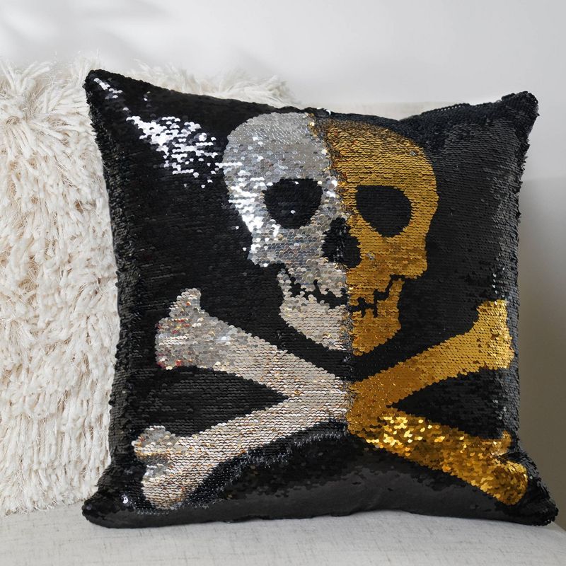 18&#34;x18&#34; Skull and Crossbones Halloween Square Throw Pillow Gold/Silver/Black - Lush D&#233;cor, 5 of 9