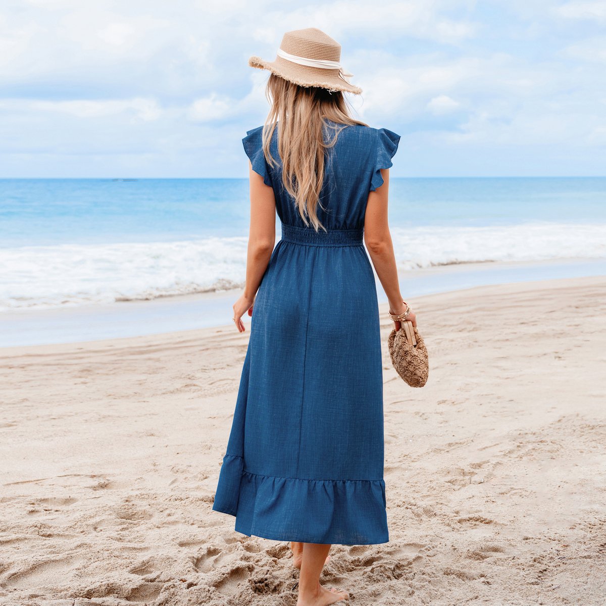 Женские платья Cupshe Women‘s Breezy Blue Smoked Waist Ruffle Sleeve Maxi Dress-L-Blue — фото 3