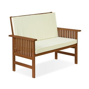 HOMLUX Patio Solid Wood Garden Bench 2-Seat Chair with Seat Cushion & Inclined Backrest - 1 of 4