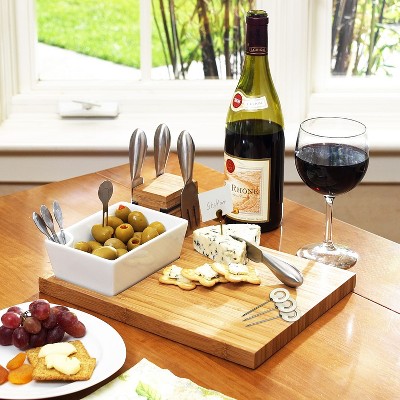 Picnic at Ascot Bamboo Charcuterie Board with Cheese Tools & Ceramic Dish