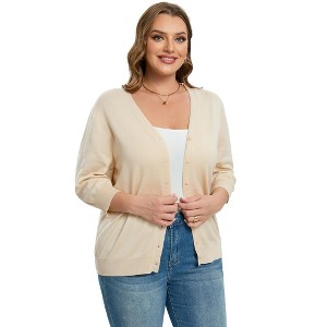 Women's Plus Size V-Neck Cardigan Casual 3/4 Sleeve Knit Button Down Open Front Sweater - 1 of 4