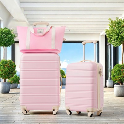 FURNIinspire bag and luggage sets hardshell luggage sets 2 spinner suitcases with TSA lock and 1 bag, family friendly, pink, 20" 24"