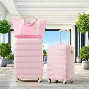 FURNIinspire bag and luggage sets hardshell luggage sets 2 spinner suitcases with TSA lock and 1 bag, family friendly, pink, 20" 24" - 1 of 4