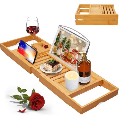 Attop Luxury Bathtub Caddy Tray for Tub - Foldable Bamboo Bath Table Tray with Book and Wine Glass Holder, Expandable