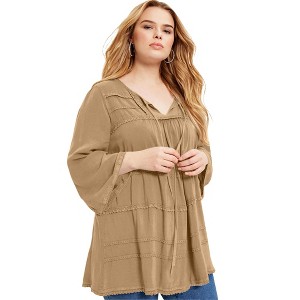 June + Vie by Roaman's Women's Plus Size Acid Wash Peasant Blouse - 1 of 4