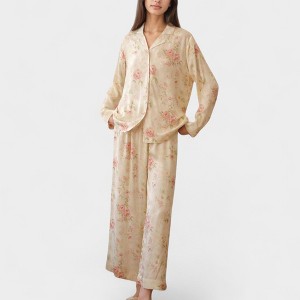 Anna-Kaci Lounge Women's Long Sleeve Floral Pajama Set Button-Up Notched Collar Top with Matching Wide Leg Pants - 1 of 4