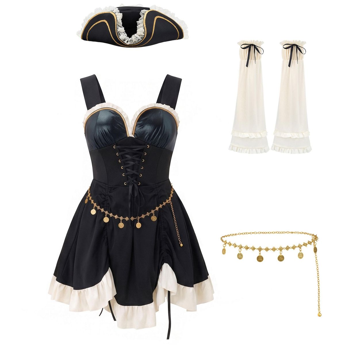 Joyfy Halloween Costume Pirate Dress for Women, Adult Black Buccaneer Suit with Hat & Waist Chain-Swashbuckler Cosplay for Halloween Dress Up Party