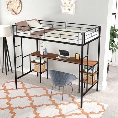 ALEXOUN Twin Size Metal Loft Bed with Desk and Storage,with Shelves and 2 Side Ladders for Girls Boys,Teens, Adults, for Bedroom Apartments,Black