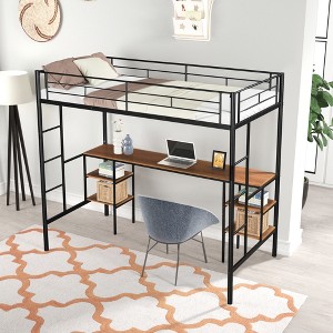 ALEXOUN Twin Size Metal Loft Bed with Desk and Storage,with Shelves and 2 Side Ladders for Girls Boys,Teens, Adults, for Bedroom Apartments,Black - 1 of 4