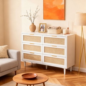 KTMBDW 6 Drawer Dresser for Bedroom, 43.3" Wide Rattan Dresser for Living Room, Hallway, White - 1 of 4