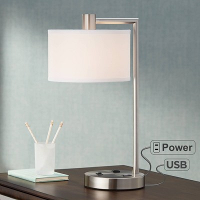 Brushed Nickel Desk Lamp with White Linen Shade and USB Port