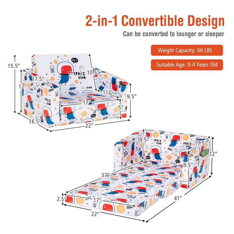 Tangkula 2-in-1 Convertible Kids Sofa Flip Open Couch w/Sturdy Sponge Construction&Velvet Fabric White&Red&Blue, 5 of 10