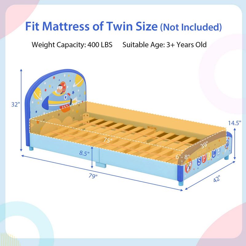 Honeyjoy Children Twin Size Upholstered Platform Single Bed with Headboard & Footboard Blue, 3 of 11