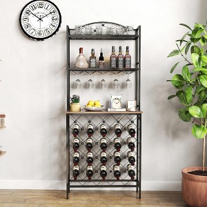 Hachikiko Freestanding Industrial Wood & Metal Wine Rack with 3-Tier Storage, Wine Glass Holder & 20-Bottle Capacity - Multifunctional Tall Wine Stand - 1 of 4