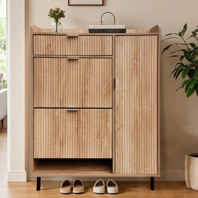 Shoe Cabinet Storage for Entryway, Hidden Thin Farmhouse Wave Wood Shoe Organizer Cabinet with 2 Flip Drawers and 2 Adjustable Shelves