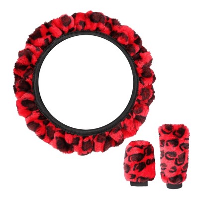 Unique Bargains Universal Elastic Leopard Pattern Car Steering Wheel Cover with Handbrake Cover Gear Shift Cover Red 1 Set