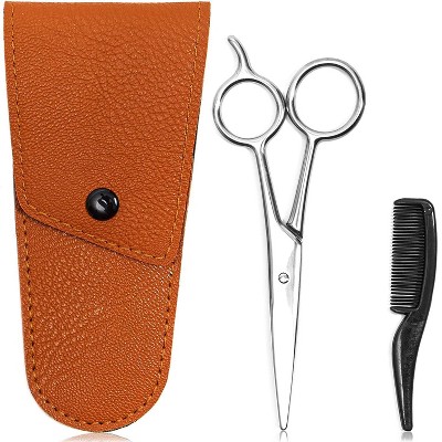 Beard Mustache Scissors with Comb and Brown PU Leather Pouch for Men, Beard Care Facial Hair Grooming & Trimming Tool Kit Set, Perfect Gifts for Him