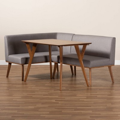 Odessa Mid-Century Modern Walnut Brown and Gray 3-Piece Dining Nook Set