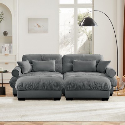 Aukfa Grey Velvet Large Sofa with Bolster Armrests, Waist & Throw Pillows – Modern Couch for Living Room, Bedroom or Office