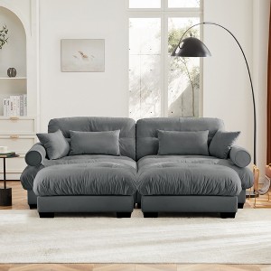 Aukfa Grey Velvet Large Sofa with Bolster Armrests, Waist & Throw Pillows – Modern Couch for Living Room, Bedroom or Office - 1 of 4