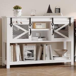 White Rustic Console Table with Sliding Barn Doors – 46" Narrow Farmhouse Wood Table, Entryway/Sofa Table with Storage Shelves for Living Room - 1 of 4