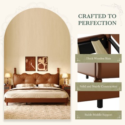 Queen Size Coffee Faux Leather Upholstered Bed with Tufted Headboard